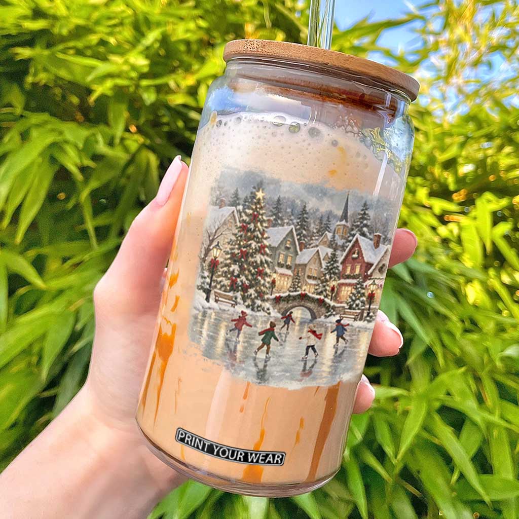 90s Vintage Christmas Village Ice Skating Glass Can Cozy Snowy Holiday Landscape Nostalgic Winter Town