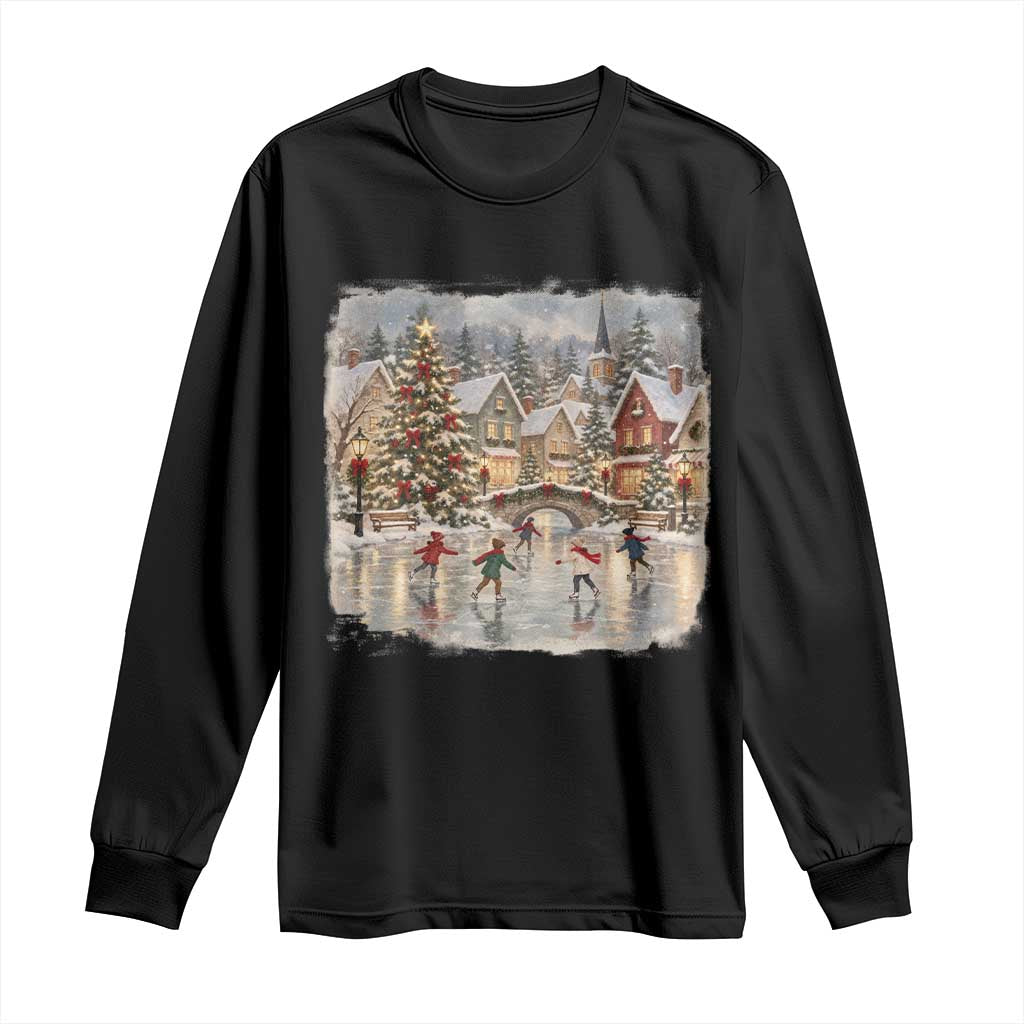 90s Vintage Christmas Village Ice Skating Long Sleeve Shirt Cozy Snowy Holiday Landscape Nostalgic Winter Town