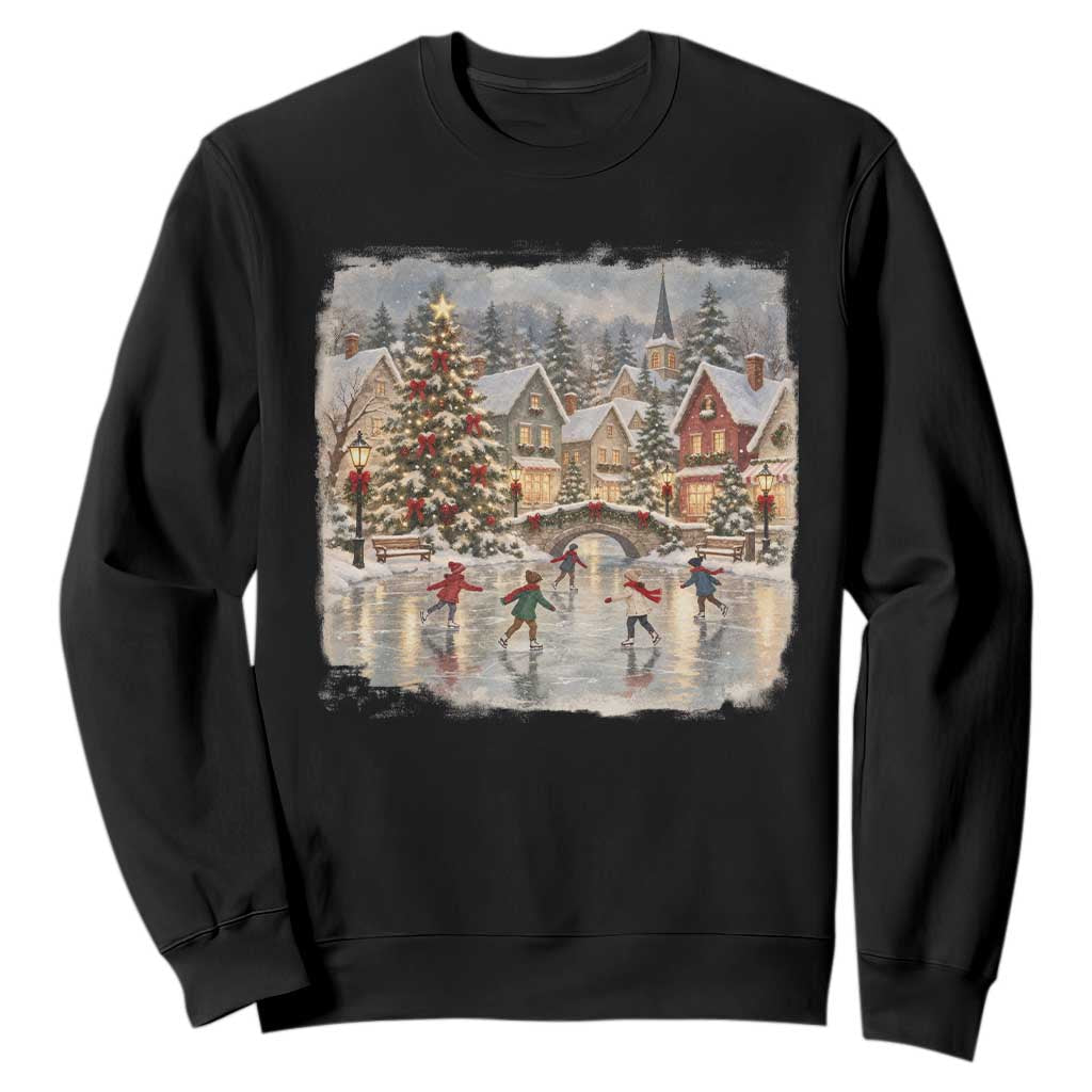 90s Vintage Christmas Village Ice Skating Sweatshirt Cozy Snowy Holiday Landscape Nostalgic Winter Town