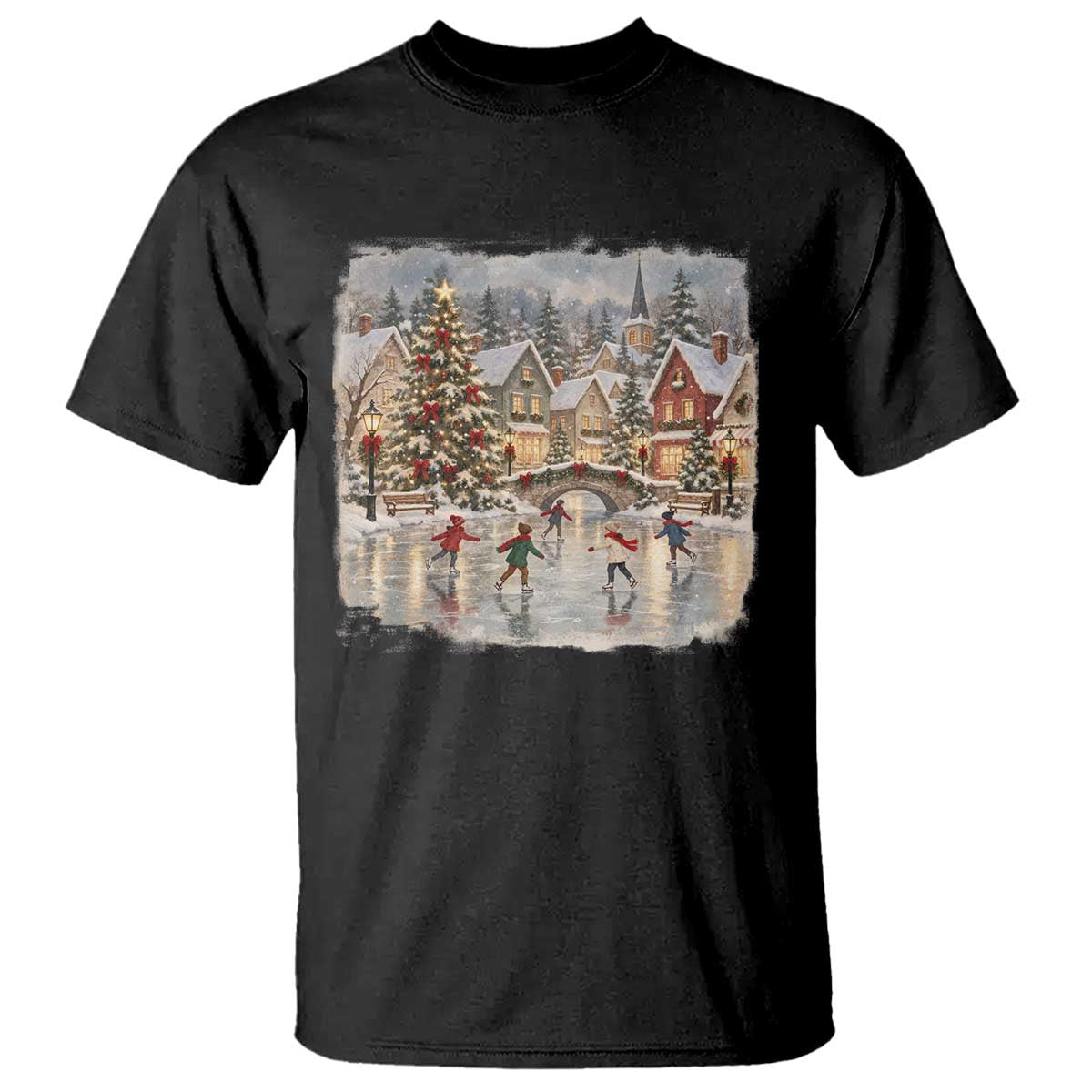 90s Vintage Christmas Village Ice Skating T Shirt Cozy Snowy Holiday Landscape Nostalgic Winter Town
