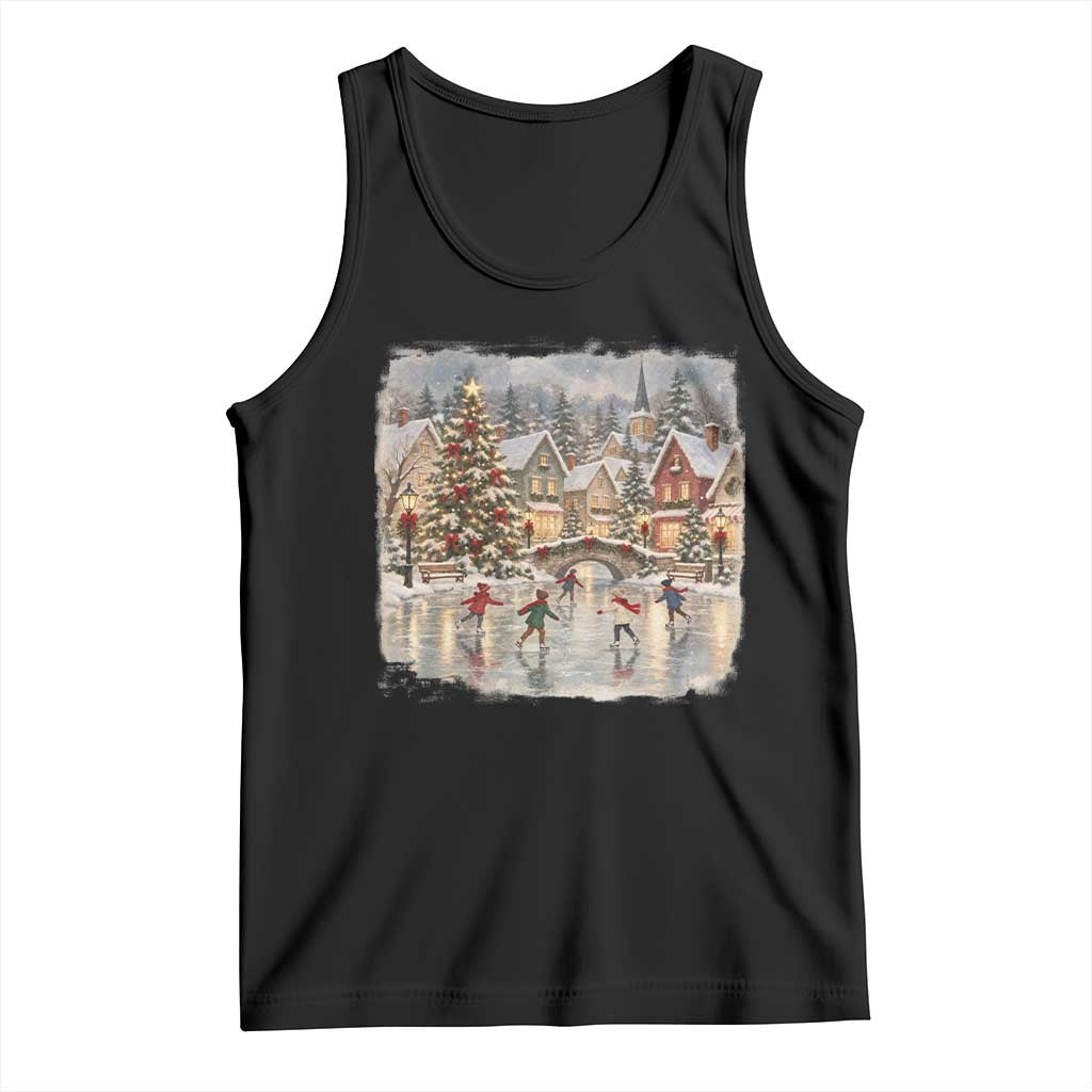 90s Vintage Christmas Village Ice Skating Tank Top Cozy Snowy Holiday Landscape Nostalgic Winter Town