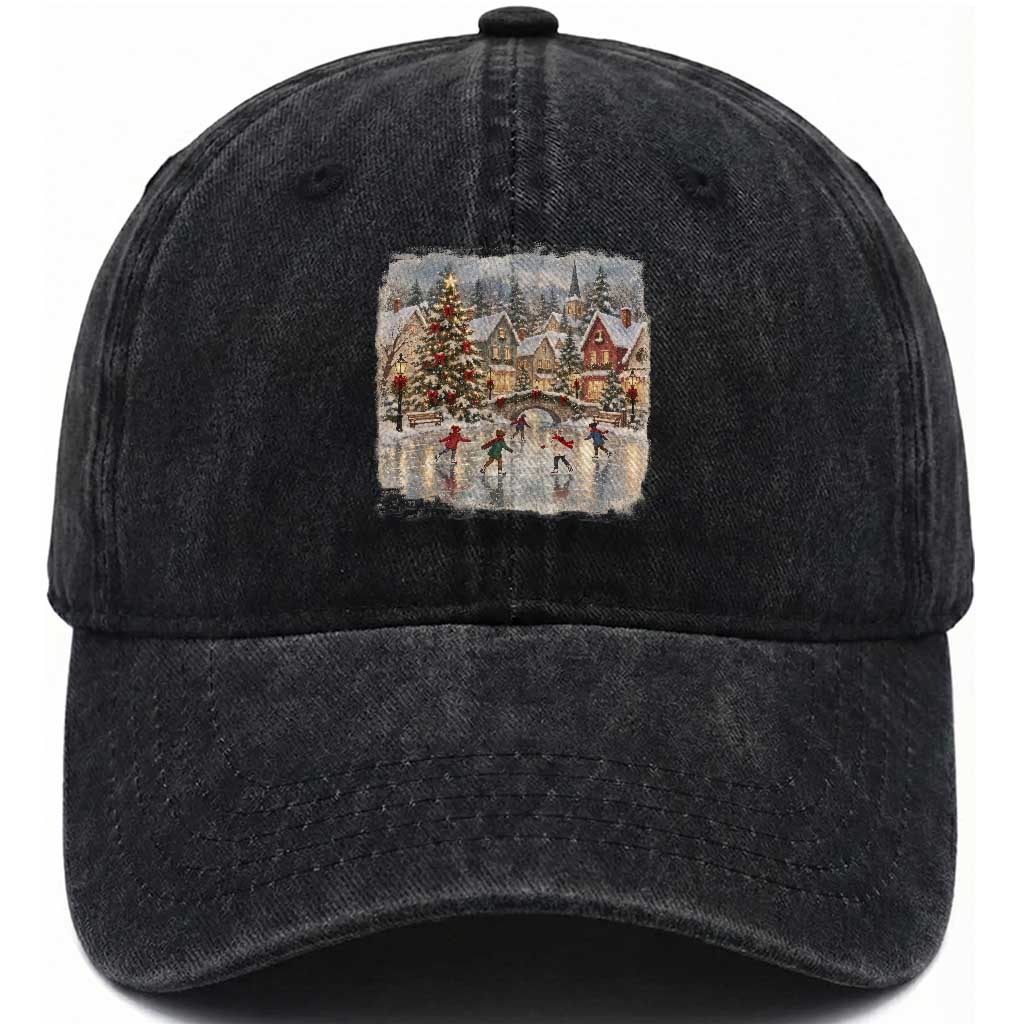 90s Vintage Christmas Village Ice Skating Washed Cotton Baseball Cap Cozy Snowy Holiday Landscape Nostalgic Winter Town