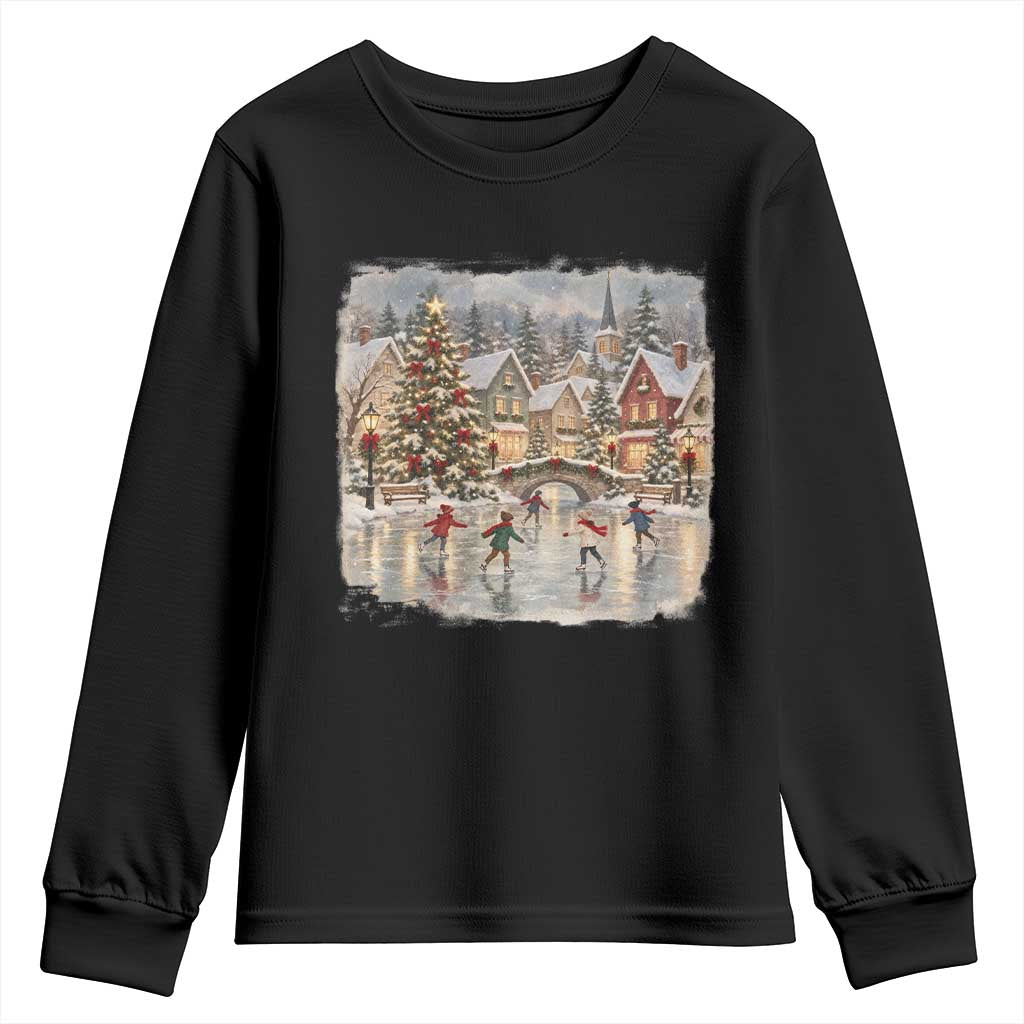 90s Vintage Christmas Village Ice Skating Youth Sweatshirt Cozy Snowy Holiday Landscape Nostalgic Winter Town