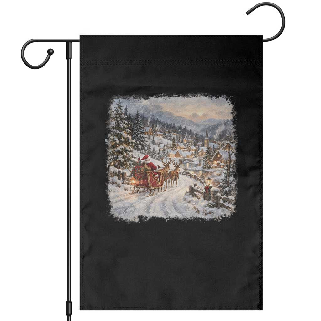 Vintage 90s Santa Sleigh Reindeer Christmas Village Garden Flag Nostalgic Winter Town Graphic