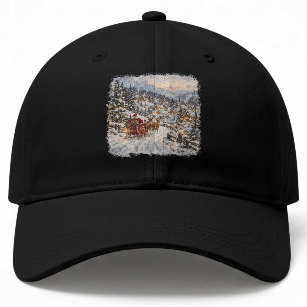 Vintage 90s Santa Sleigh Reindeer Christmas Village Baseball Cap Nostalgic Winter Town Graphic