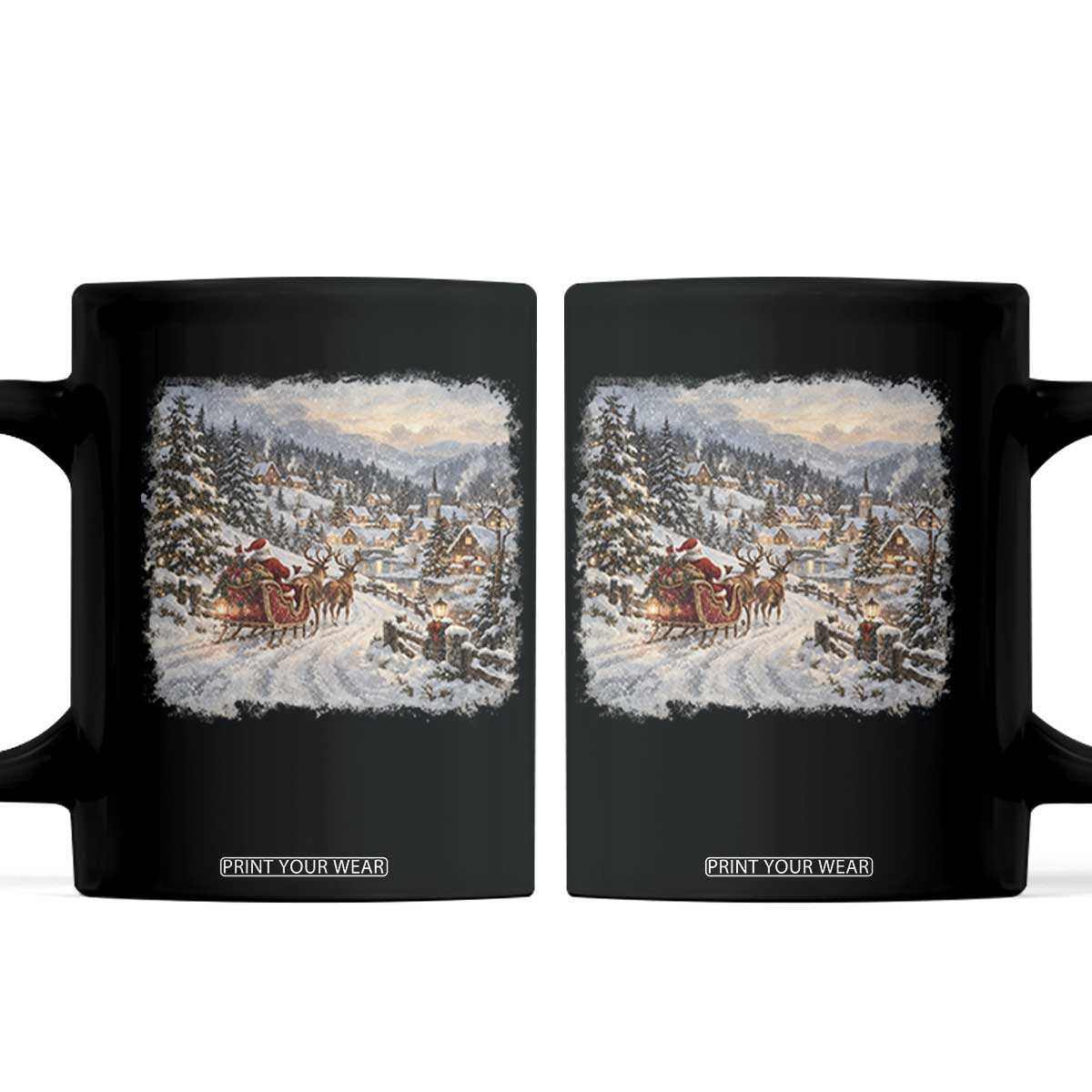 Vintage 90s Santa Sleigh Reindeer Christmas Village Coffee Mug Nostalgic Winter Town Graphic