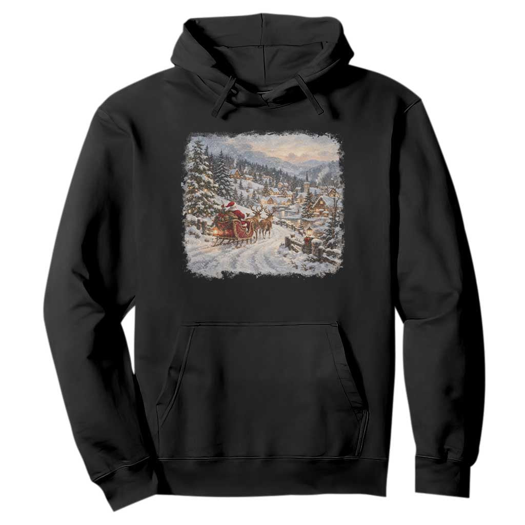 Vintage 90s Santa Sleigh Reindeer Christmas Village Hoodie Nostalgic Winter Town Graphic