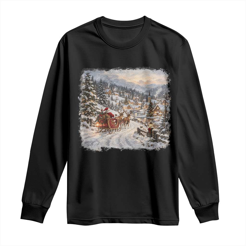 Vintage 90s Santa Sleigh Reindeer Christmas Village Long Sleeve Shirt Nostalgic Winter Town Graphic