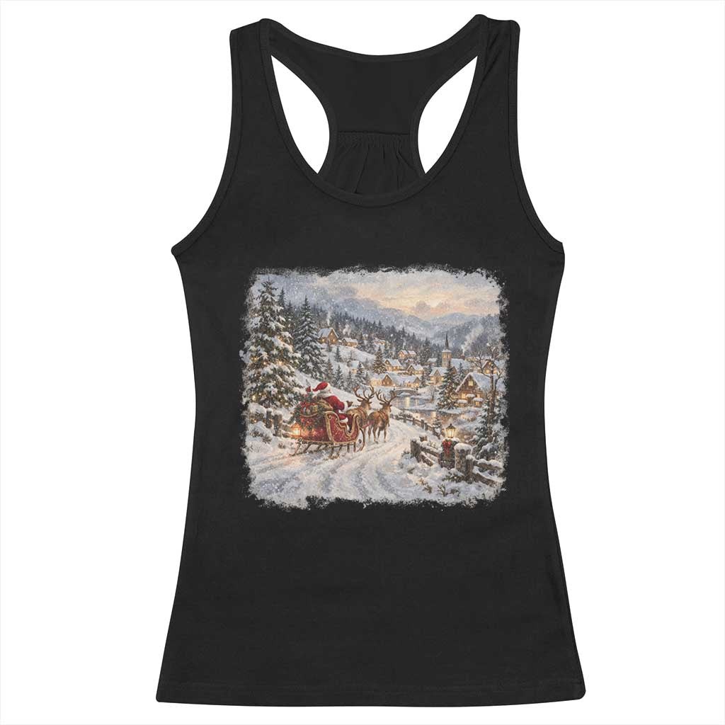 Vintage 90s Santa Sleigh Reindeer Christmas Village Racerback Tank Top Nostalgic Winter Town Graphic