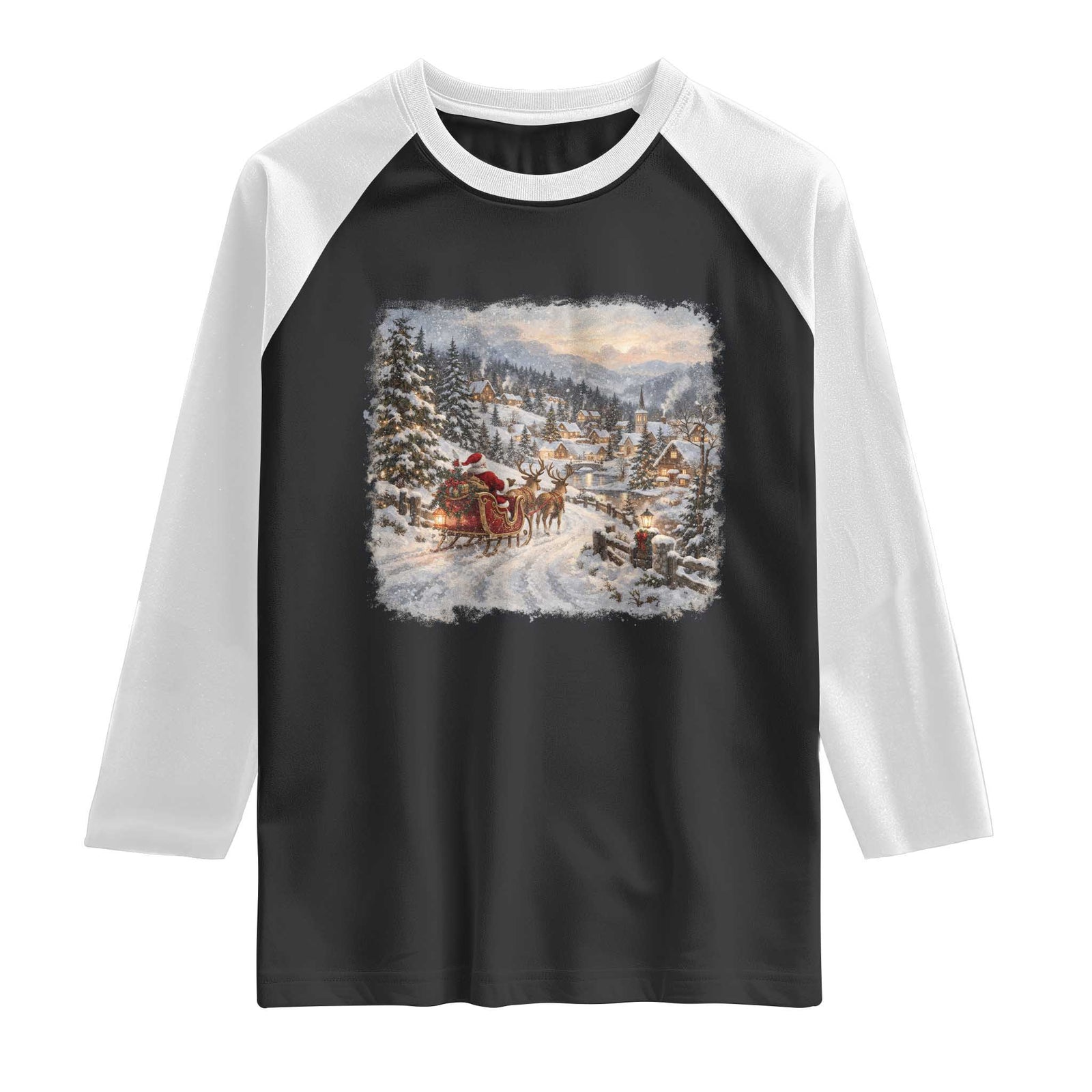 Vintage 90s Santa Sleigh Reindeer Christmas Village Raglan Shirt Nostalgic Winter Town Graphic