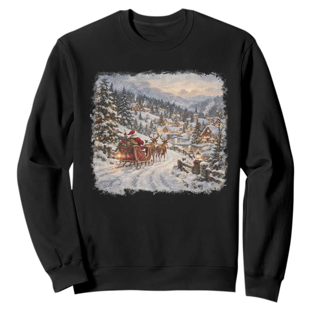Vintage 90s Santa Sleigh Reindeer Christmas Village Sweatshirt Nostalgic Winter Town Graphic