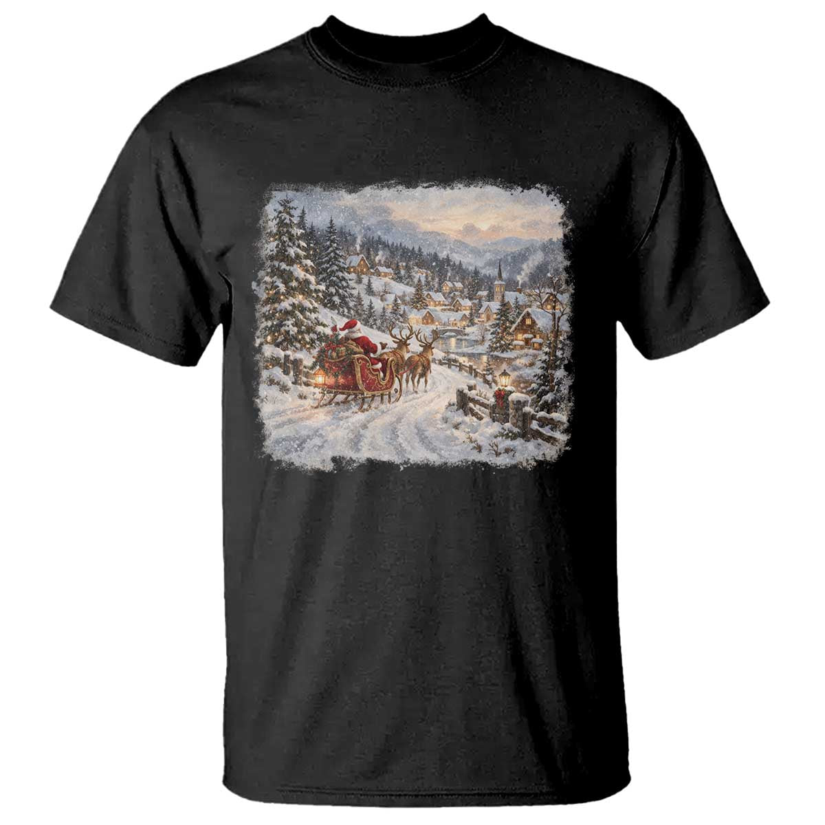 Vintage 90s Santa Sleigh Reindeer Christmas Village T Shirt Nostalgic Winter Town Graphic