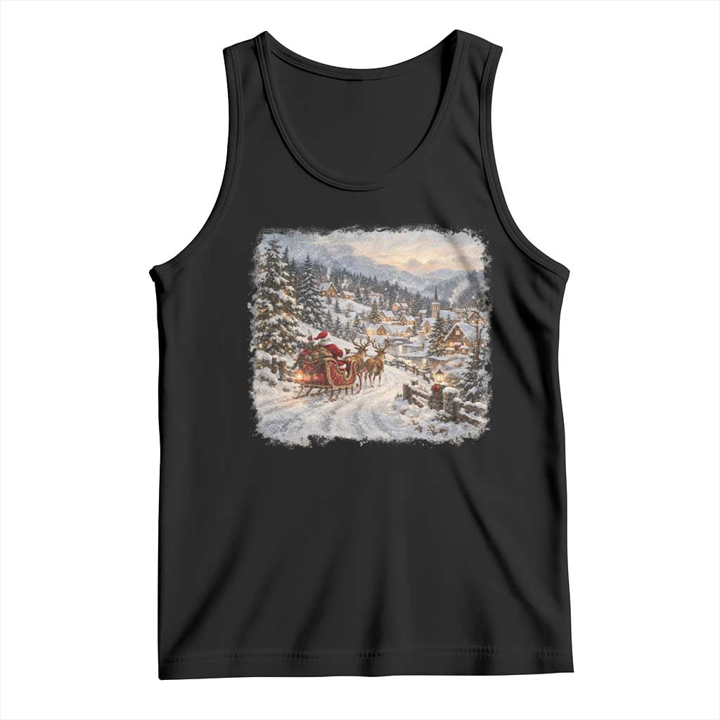 Vintage 90s Santa Sleigh Reindeer Christmas Village Tank Top Nostalgic Winter Town Graphic