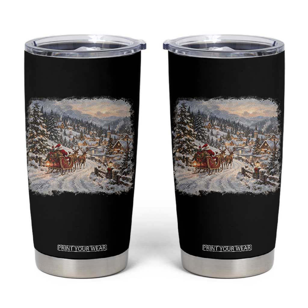 Vintage 90s Santa Sleigh Reindeer Christmas Village Tumbler Cup Nostalgic Winter Town Graphic