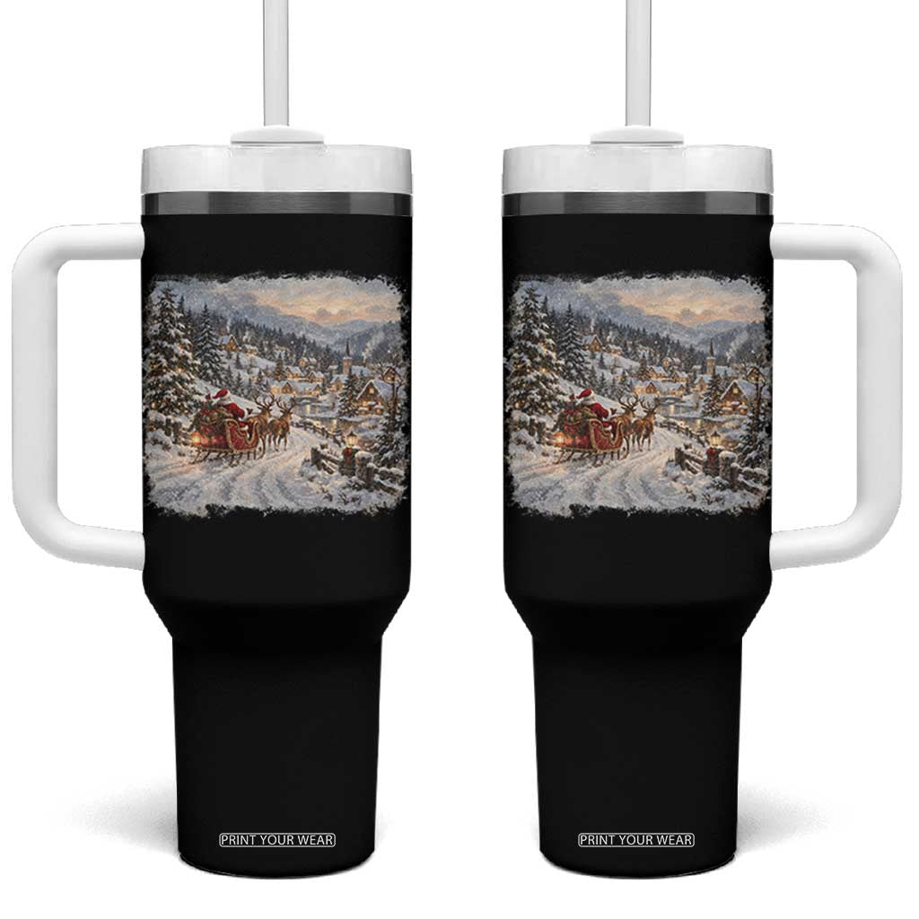 Vintage 90s Santa Sleigh Reindeer Christmas Village Tumbler With Handle Nostalgic Winter Town Graphic