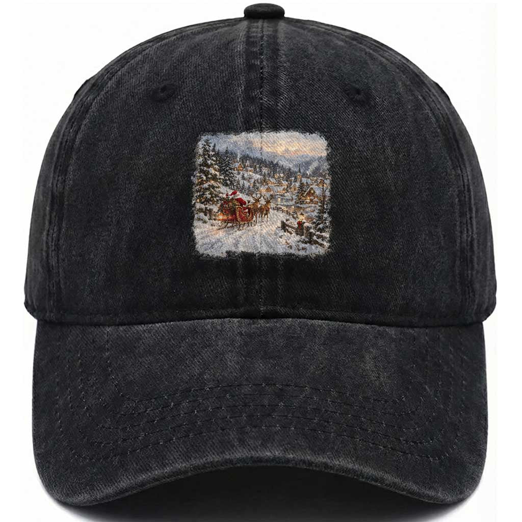 Vintage 90s Santa Sleigh Reindeer Christmas Village Washed Cotton Baseball Cap Nostalgic Winter Town Graphic