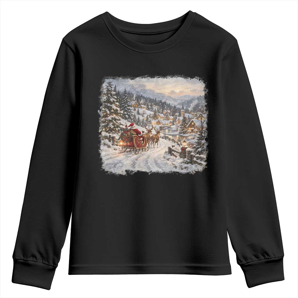 Vintage 90s Santa Sleigh Reindeer Christmas Village Youth Sweatshirt Nostalgic Winter Town Graphic