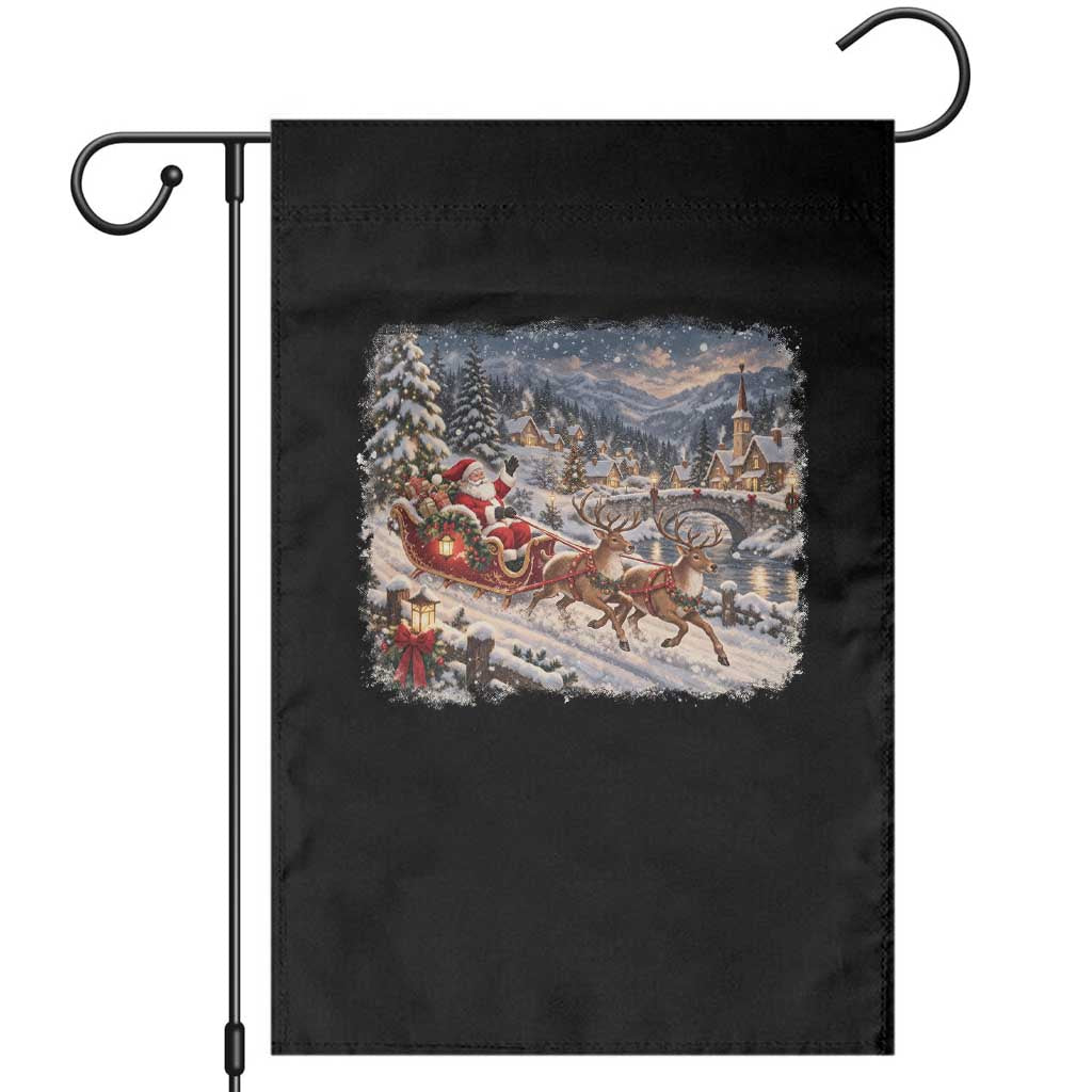 Vintage 90s Santa Sleigh Reindeer Christmas Village Garden Flag Cozy Snowy Holiday Landscape Aesthetic
