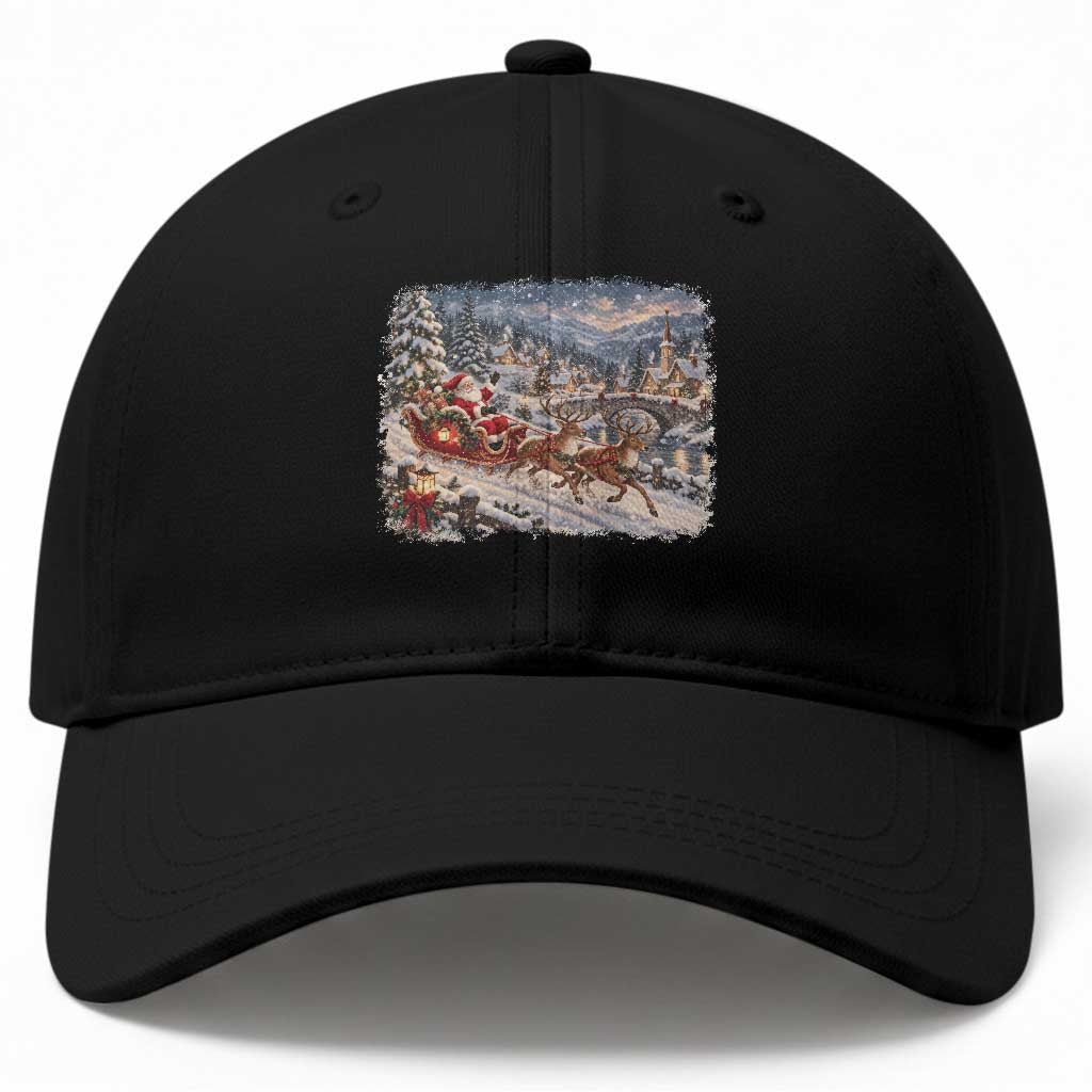 Vintage 90s Santa Sleigh Reindeer Christmas Village Baseball Cap Cozy Snowy Holiday Landscape Aesthetic