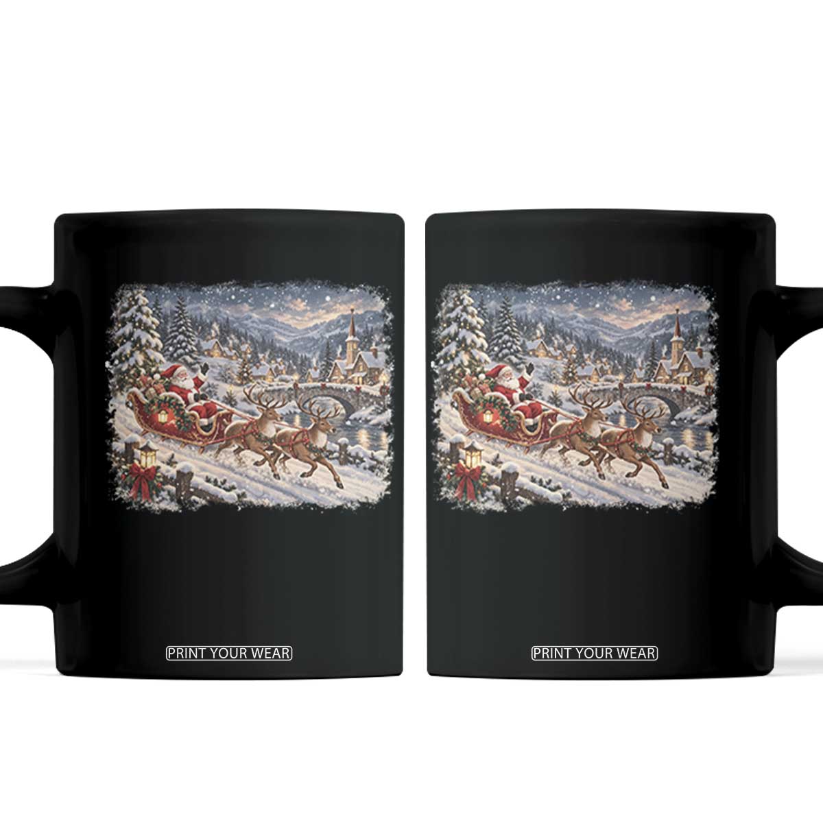 Vintage 90s Santa Sleigh Reindeer Christmas Village Coffee Mug Cozy Snowy Holiday Landscape Aesthetic