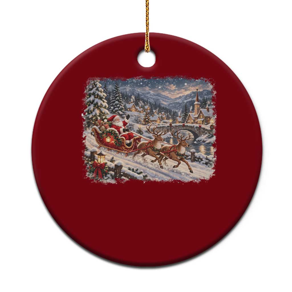 Vintage 90s Santa Sleigh Reindeer Christmas Village Ceramic Ornament Cozy Snowy Holiday Landscape Aesthetic