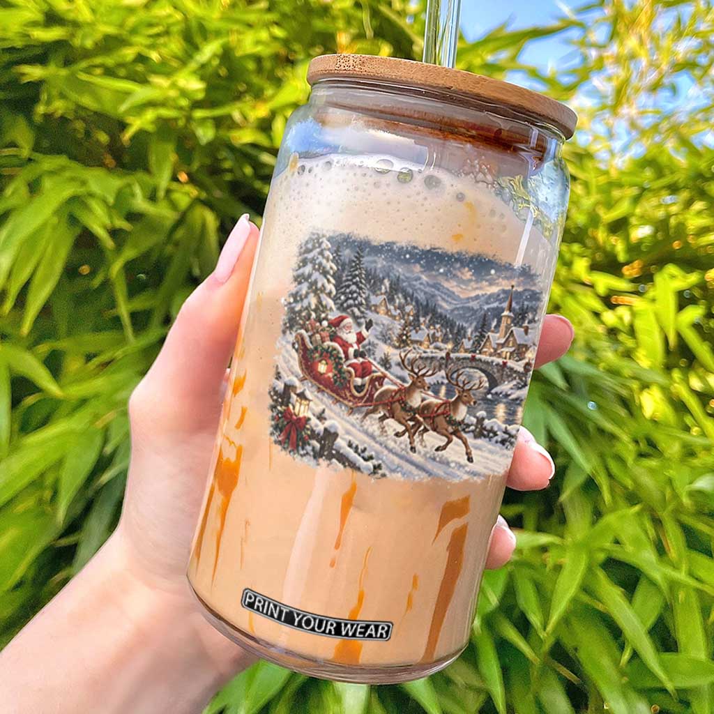 Vintage 90s Santa Sleigh Reindeer Christmas Village Glass Can Cozy Snowy Holiday Landscape Aesthetic