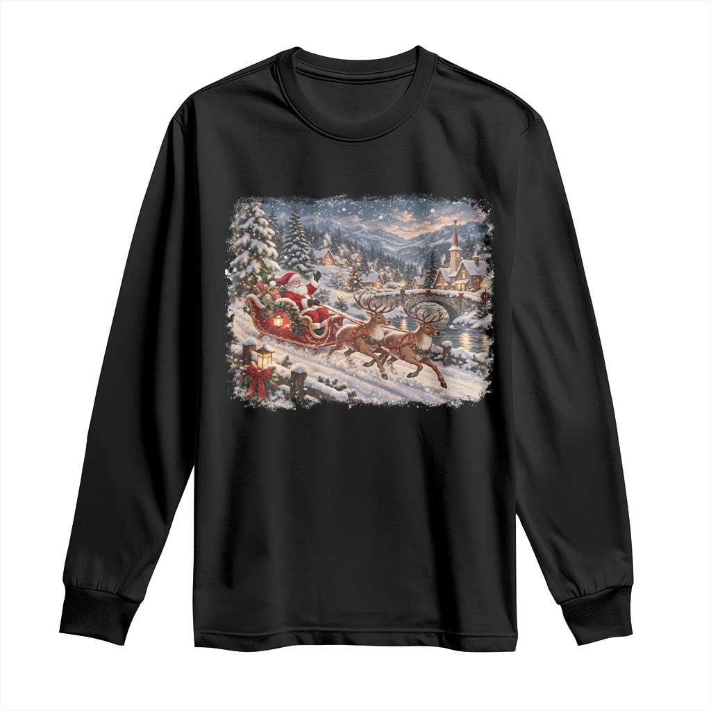 Vintage 90s Santa Sleigh Reindeer Christmas Village Long Sleeve Shirt Cozy Snowy Holiday Landscape Aesthetic