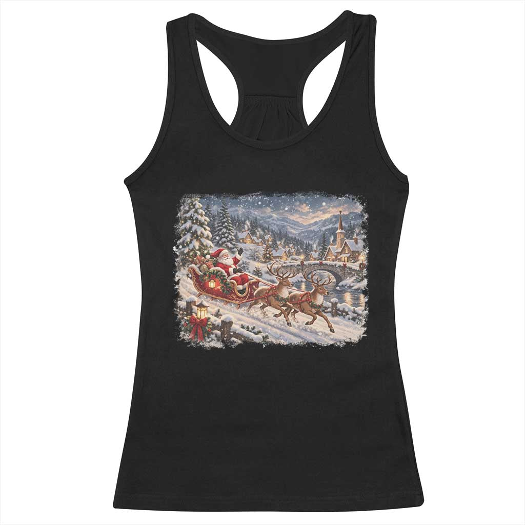 Vintage 90s Santa Sleigh Reindeer Christmas Village Racerback Tank Top Cozy Snowy Holiday Landscape Aesthetic