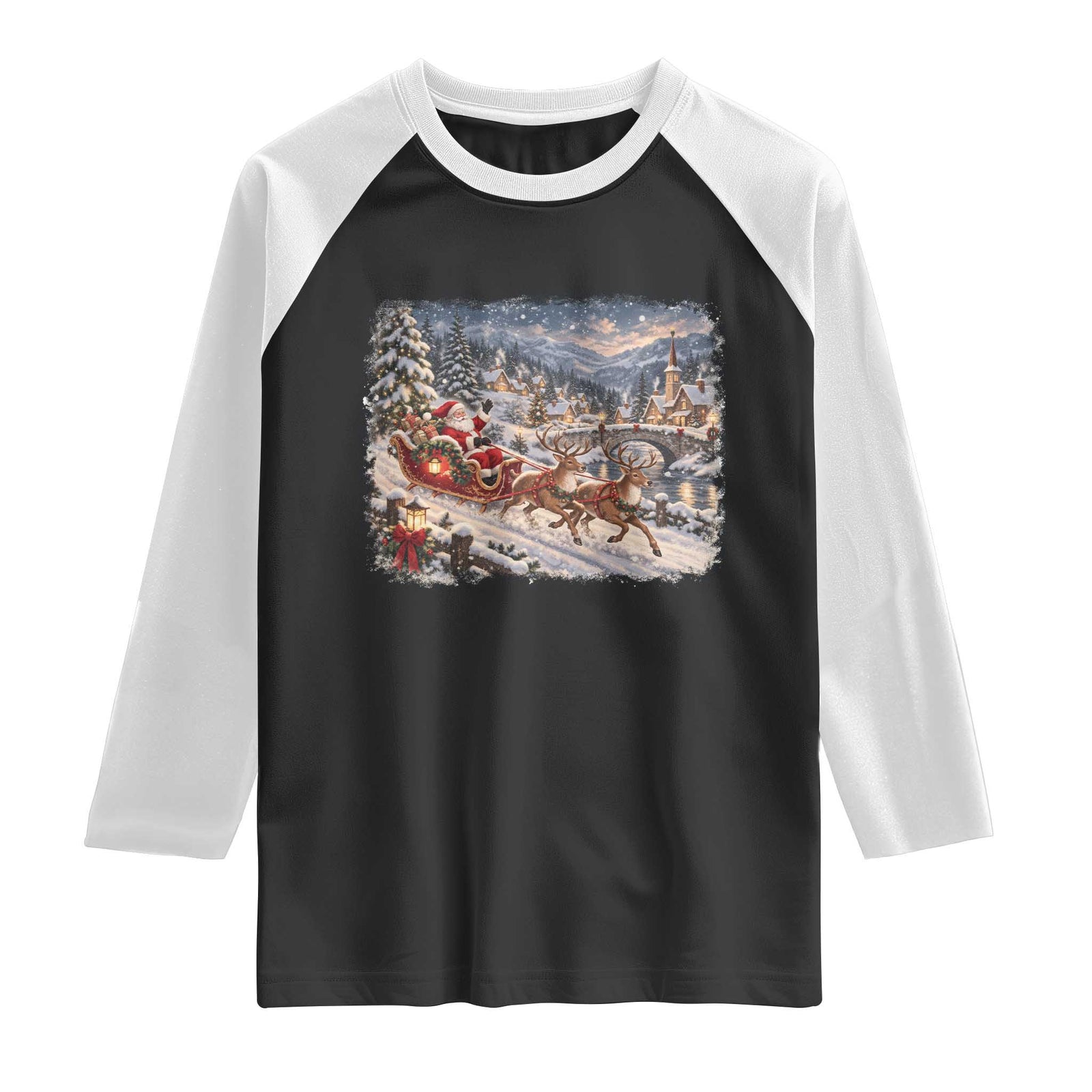 Vintage 90s Santa Sleigh Reindeer Christmas Village Raglan Shirt Cozy Snowy Holiday Landscape Aesthetic