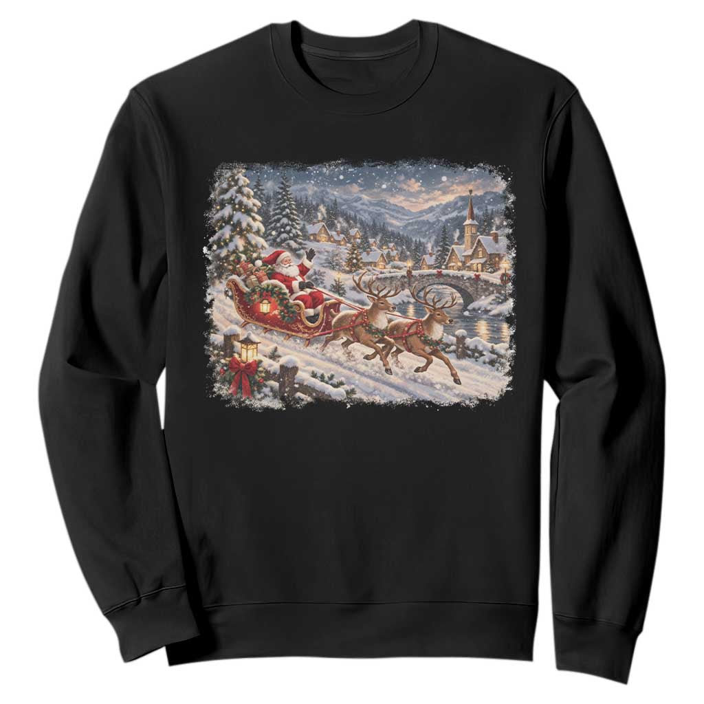 Vintage 90s Santa Sleigh Reindeer Christmas Village Sweatshirt Cozy Snowy Holiday Landscape Aesthetic