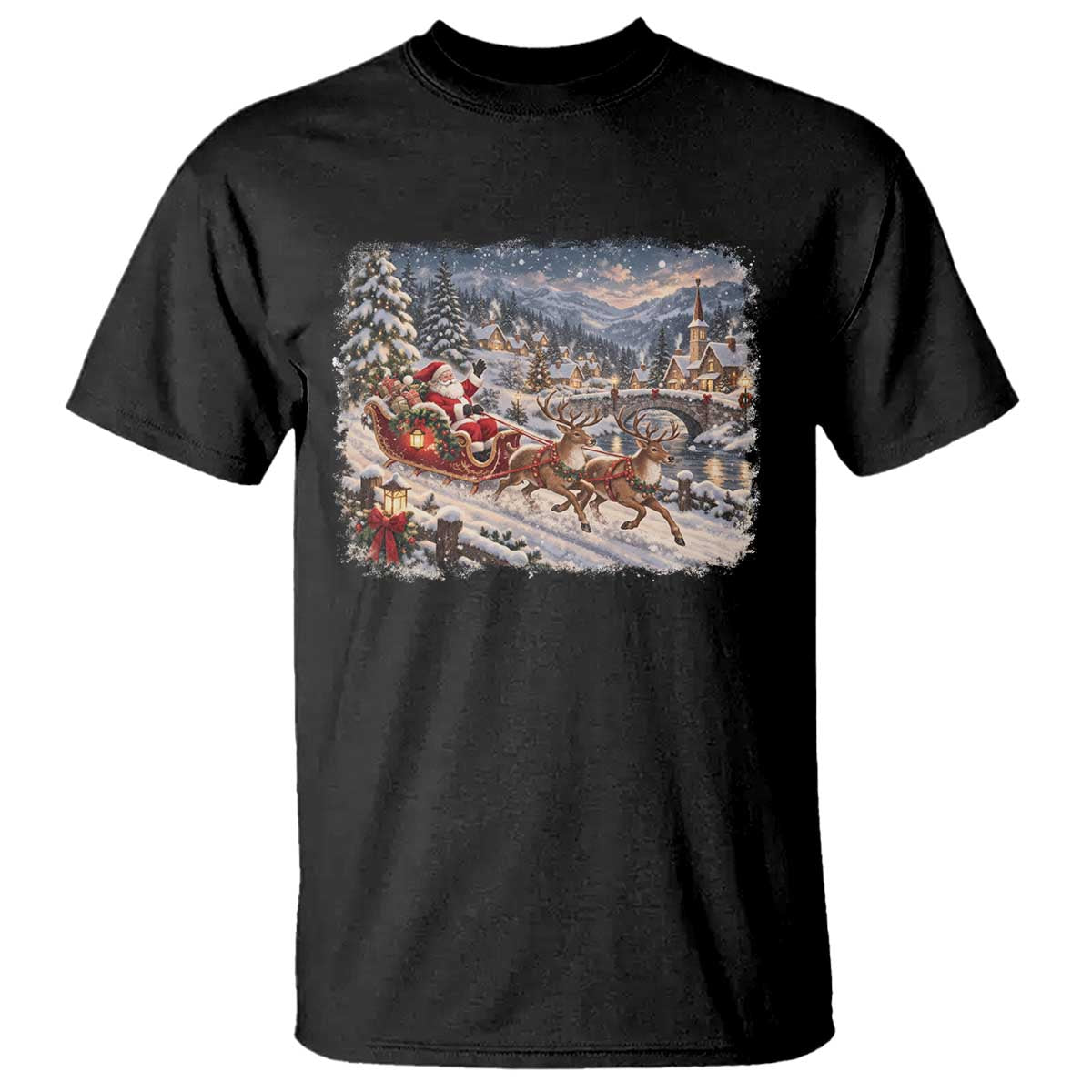 Vintage 90s Santa Sleigh Reindeer Christmas Village T Shirt Cozy Snowy Holiday Landscape Aesthetic