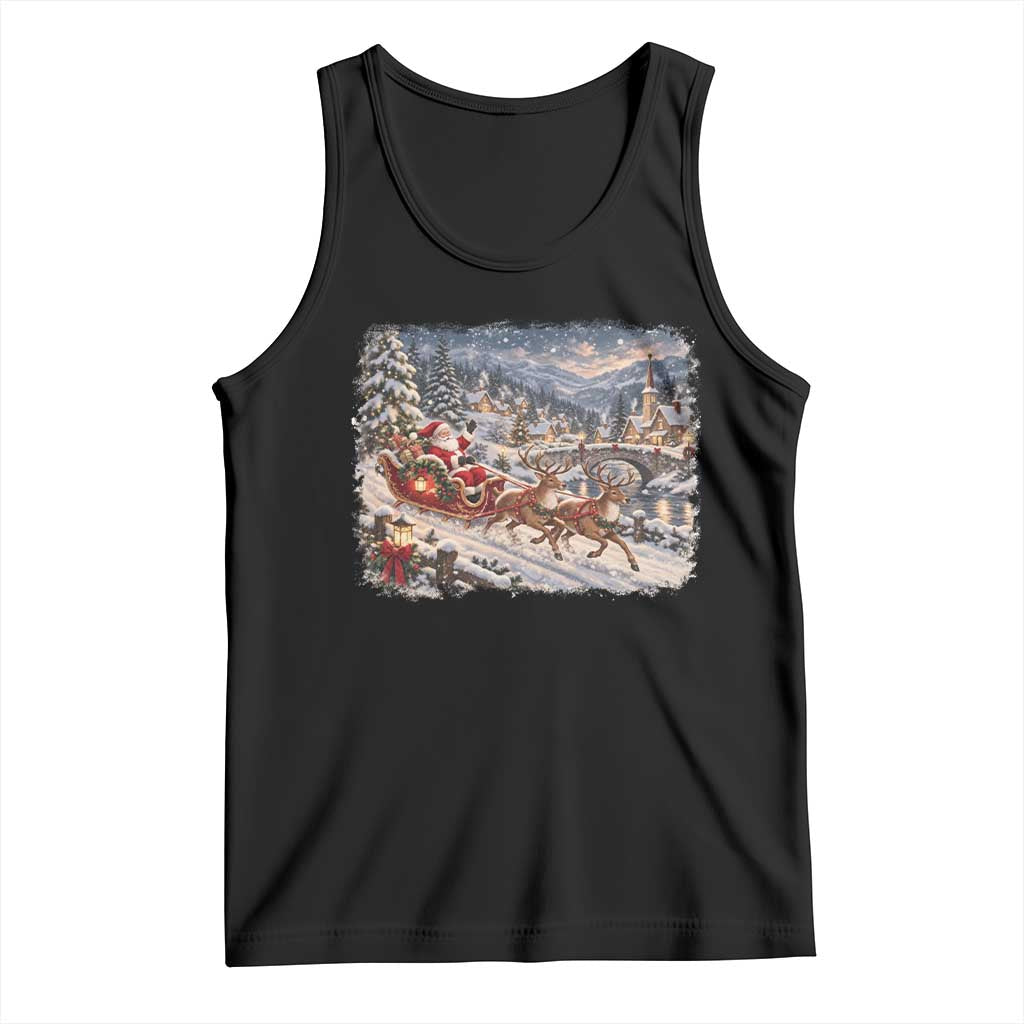 Vintage 90s Santa Sleigh Reindeer Christmas Village Tank Top Cozy Snowy Holiday Landscape Aesthetic