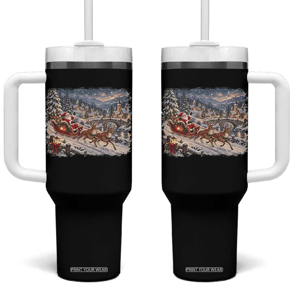 Vintage 90s Santa Sleigh Reindeer Christmas Village Tumbler With Handle Cozy Snowy Holiday Landscape Aesthetic