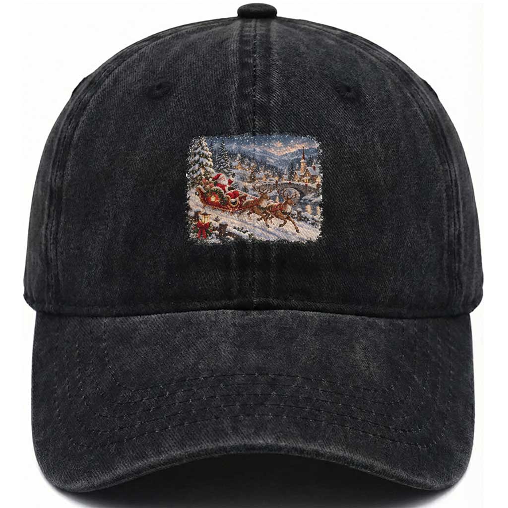 Vintage 90s Santa Sleigh Reindeer Christmas Village Washed Cotton Baseball Cap Cozy Snowy Holiday Landscape Aesthetic