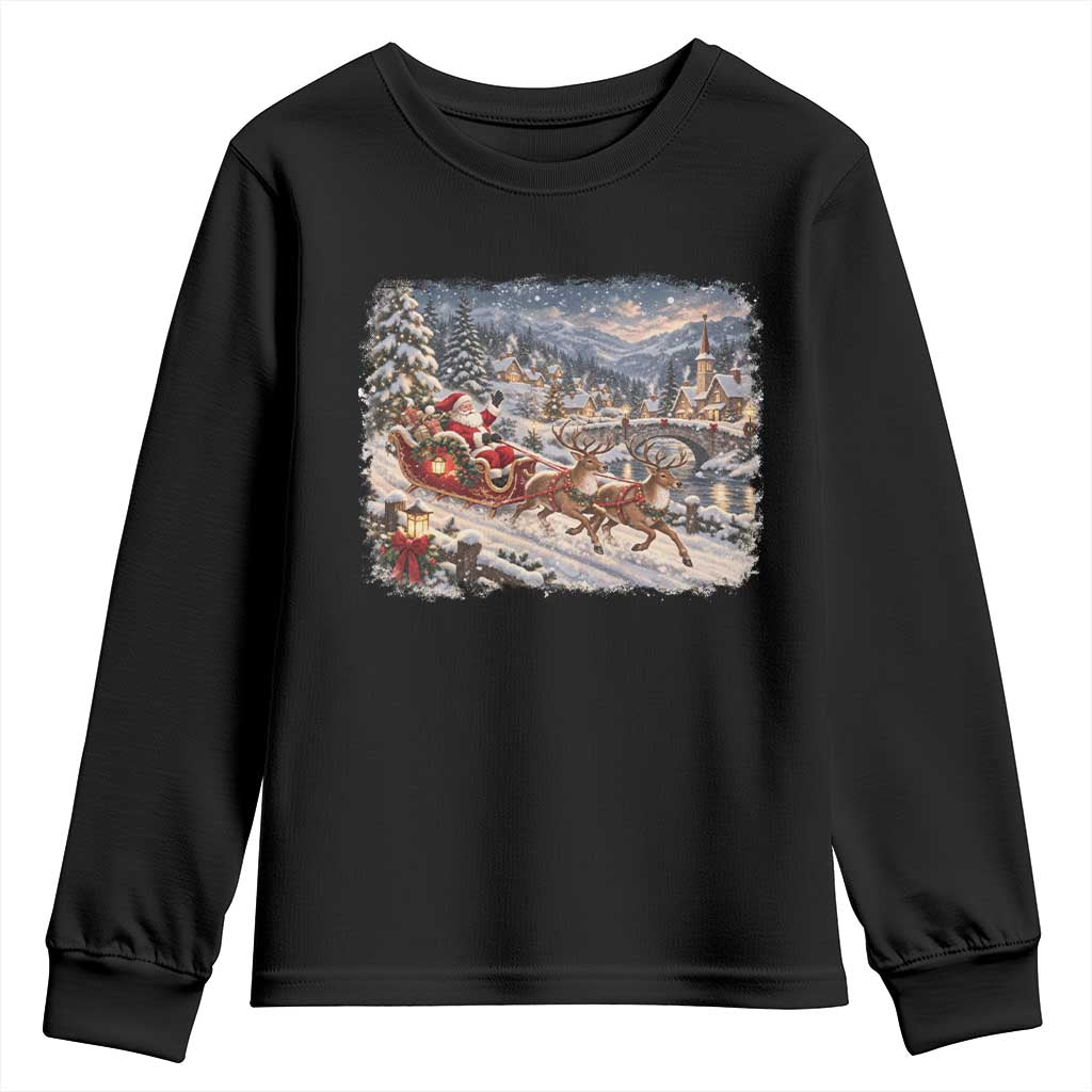 Vintage 90s Santa Sleigh Reindeer Christmas Village Youth Sweatshirt Cozy Snowy Holiday Landscape Aesthetic