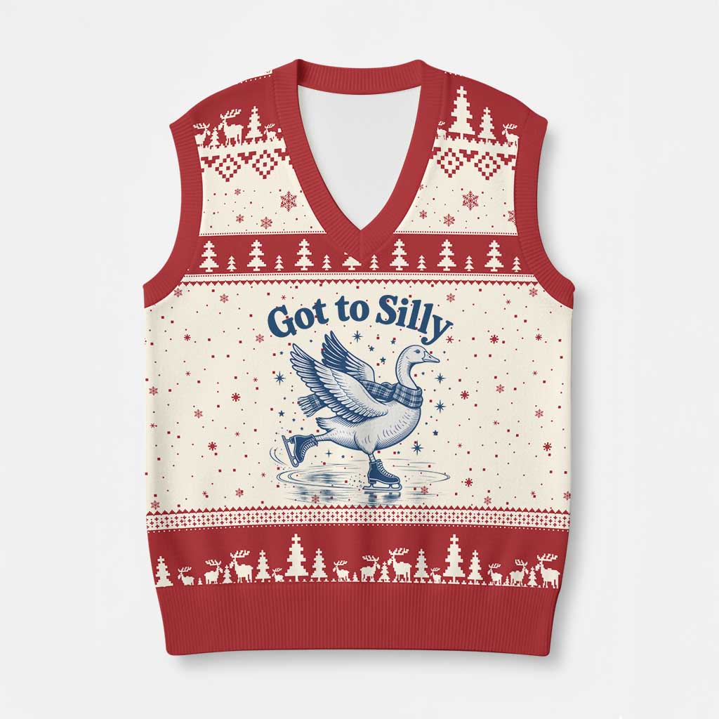 Gotta Be Silly Ice Skating Goose V-Neck Knit Sweater Vest Vintage Winter Animal Humor