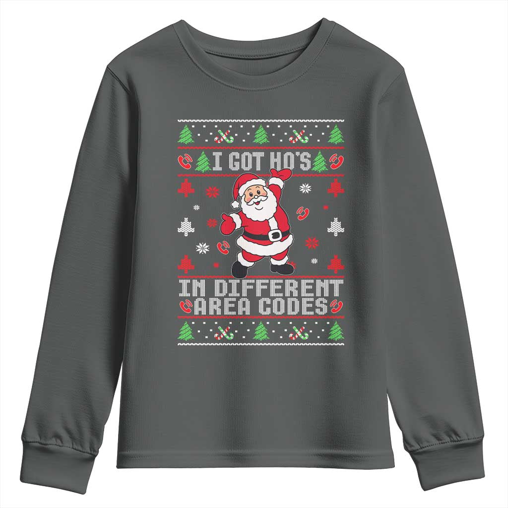Funny Santa Ugly Christmas Youth Sweatshirt I Got Hos in Different Area Codes TS10 Dark Heather Print Your Wear