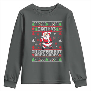 Funny Santa Ugly Christmas Youth Sweatshirt I Got Hos in Different Area Codes TS10 Dark Heather Print Your Wear
