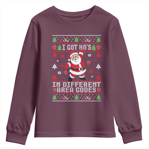 Funny Santa Ugly Christmas Youth Sweatshirt I Got Hos in Different Area Codes TS10 Maroon Print Your Wear