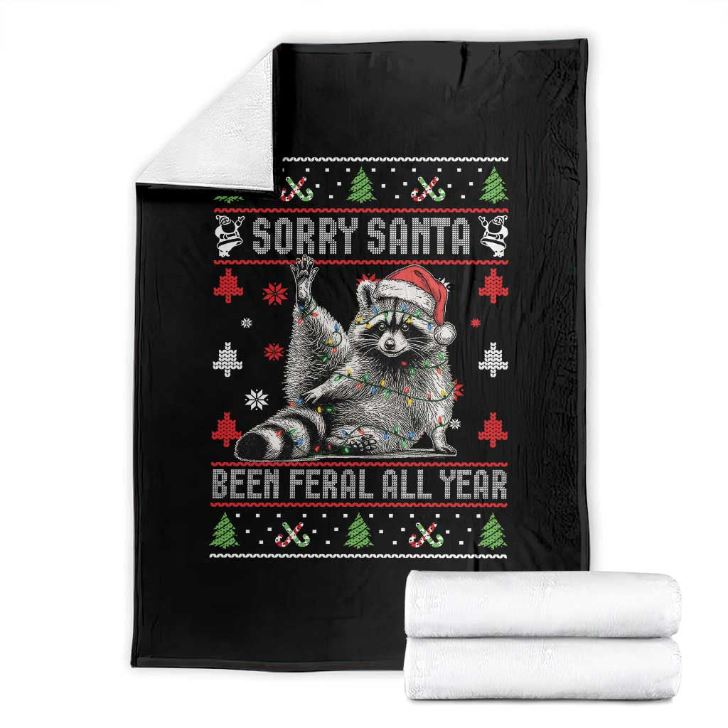 Funny Raccoon Ugly Christmas Throw Blanket Cute Trash Panda Sorry Santa Been Feral All Year TS10 Black Print Your Wear