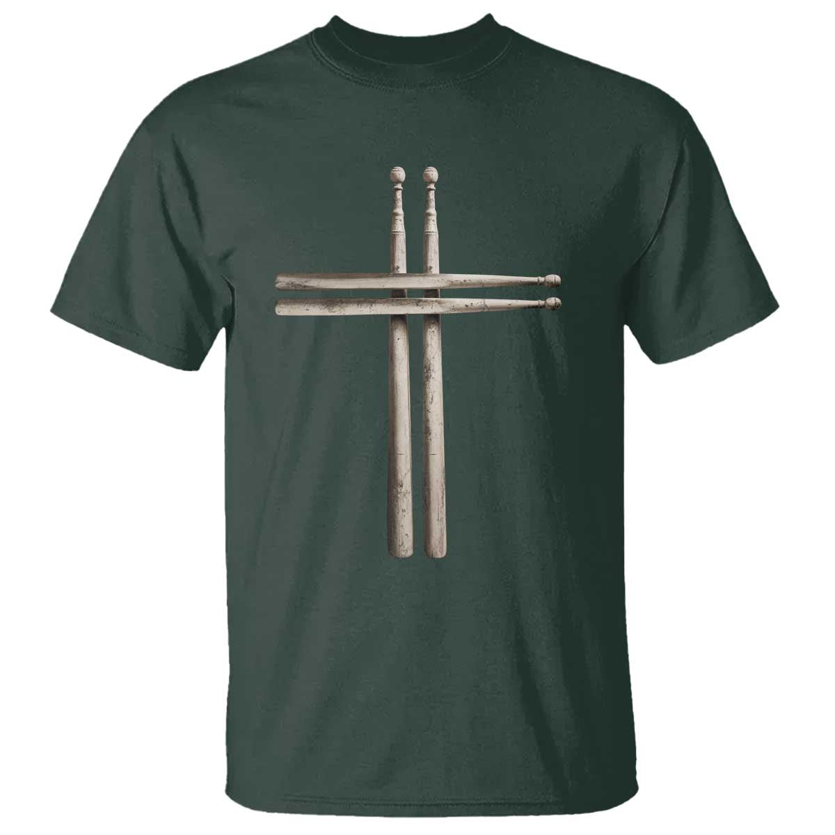 Christian Drummer T Shirt - Drumstick Cross Rock Music Lover Faith Gift Tee TS10 Dark Forest Green Print Your Wear