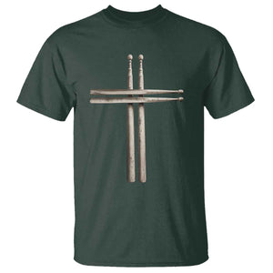 Christian Drummer T Shirt - Drumstick Cross Rock Music Lover Faith Gift Tee TS10 Dark Forest Green Print Your Wear