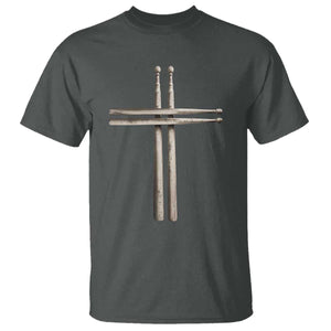 Christian Drummer T Shirt - Drumstick Cross Rock Music Lover Faith Gift Tee TS10 Dark Heather Print Your Wear