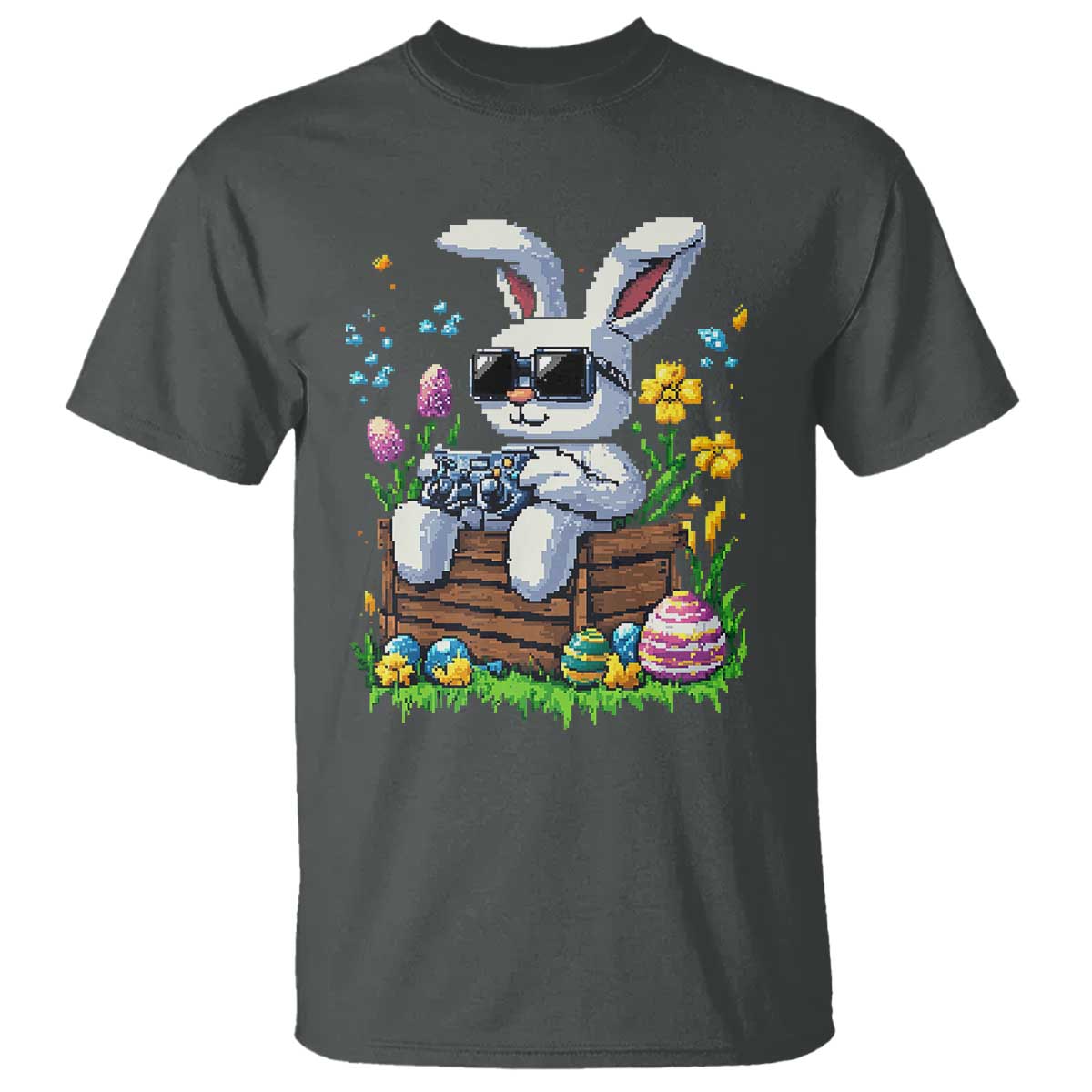 Gamer Rabbit T Shirt Cute Bunny Gaming Eggs Video Games Easter Pixel Garden TS10 Dark Heather Print Your Wear