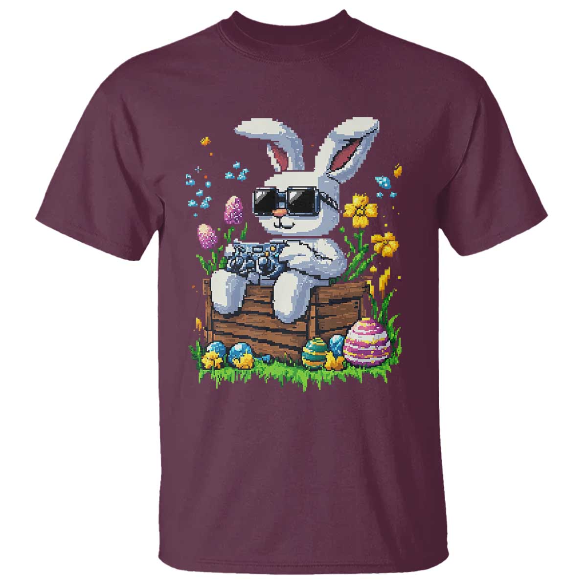 Gamer Rabbit T Shirt Cute Bunny Gaming Eggs Video Games Easter Pixel Garden TS10 Maroon Print Your Wear