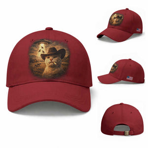 Funny Cowboy Cat UFO Baseball Cap Retro Western Rodeo Meme Cats Lover Gift TS10 Baseball Cap Universal Fit Cherry Red Print Your Wear
