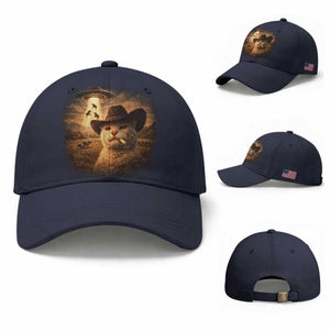 Funny Cowboy Cat UFO Baseball Cap Retro Western Rodeo Meme Cats Lover Gift TS10 Baseball Cap Universal Fit Navy Print Your Wear