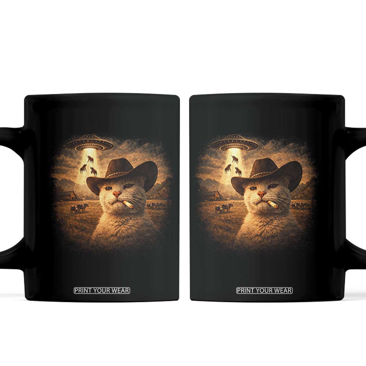 Funny Cowboy Cat UFO Coffee Mug Retro Western Rodeo Meme Cats Lover Gift TS10 Black Print Your Wear