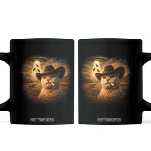 Funny Cowboy Cat UFO Coffee Mug Retro Western Rodeo Meme Cats Lover Gift TS10 Black Print Your Wear