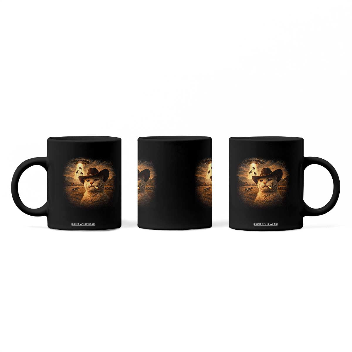 Funny Cowboy Cat UFO Coffee Mug Retro Western Rodeo Meme Cats Lover Gift TS10 Print Your Wear